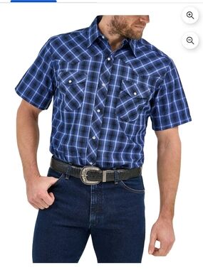Wrangler Pearl Snap Blue Plaid Short Sleeve Western Button Down Shirt